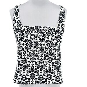 Lands' End Tankini Top Plus Size 14W Black White Damask‎ Swim Top Pleat Details